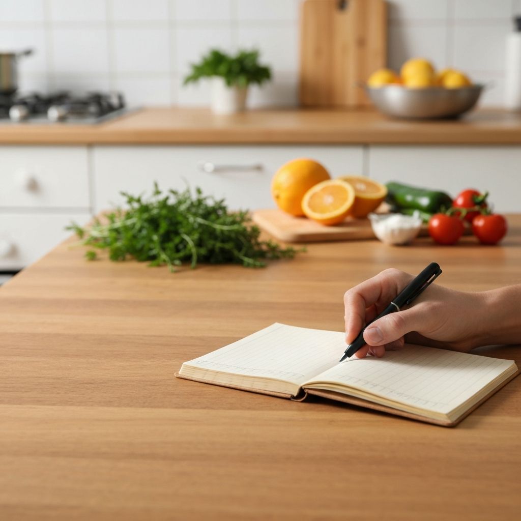 Writing a shopping list at a table